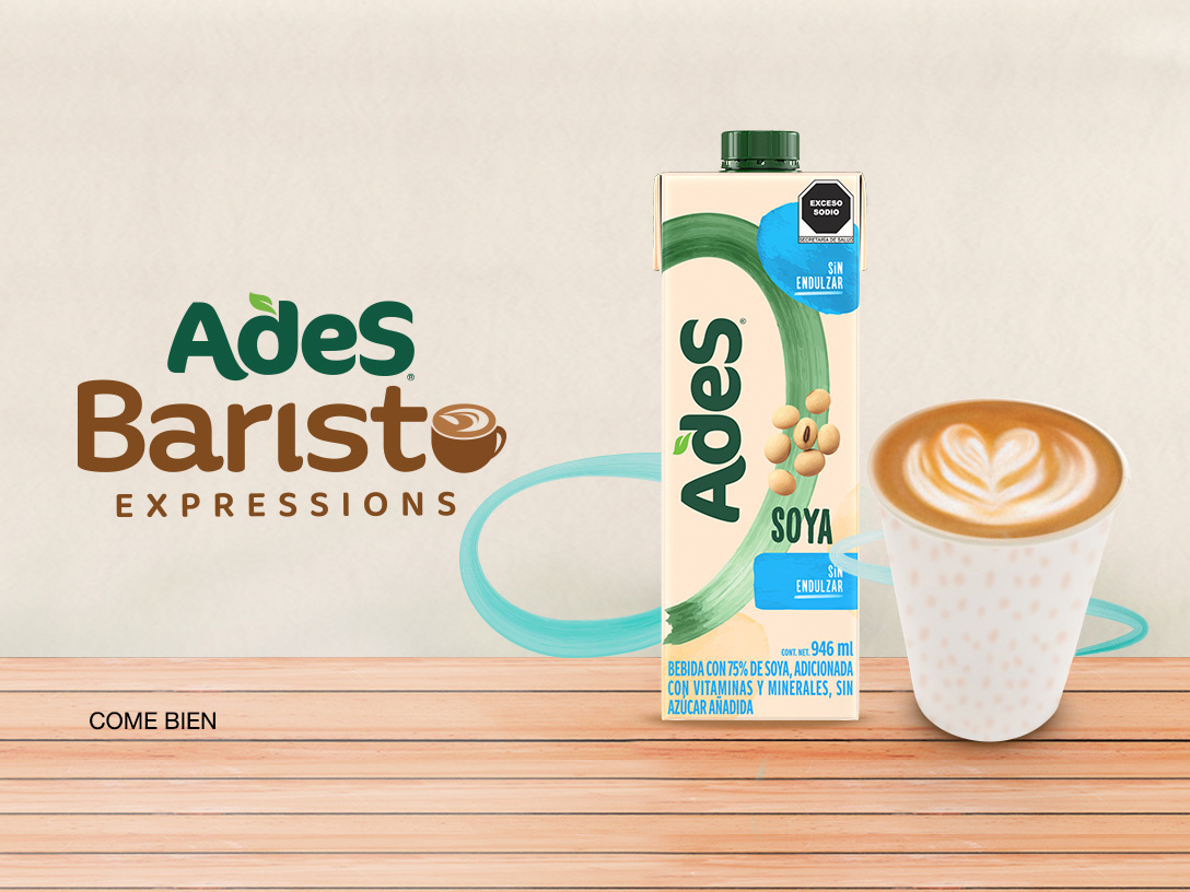 Ades Barista, Vaso de Café con Botella de Leche de Soya Ades.