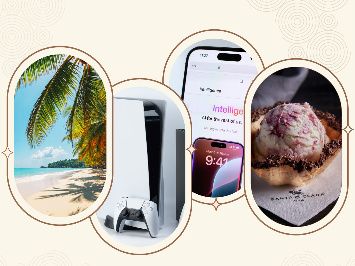 Collage con imágenes de una playa, una consola de videojuegos, un smartphone y un helado en copa decorada.