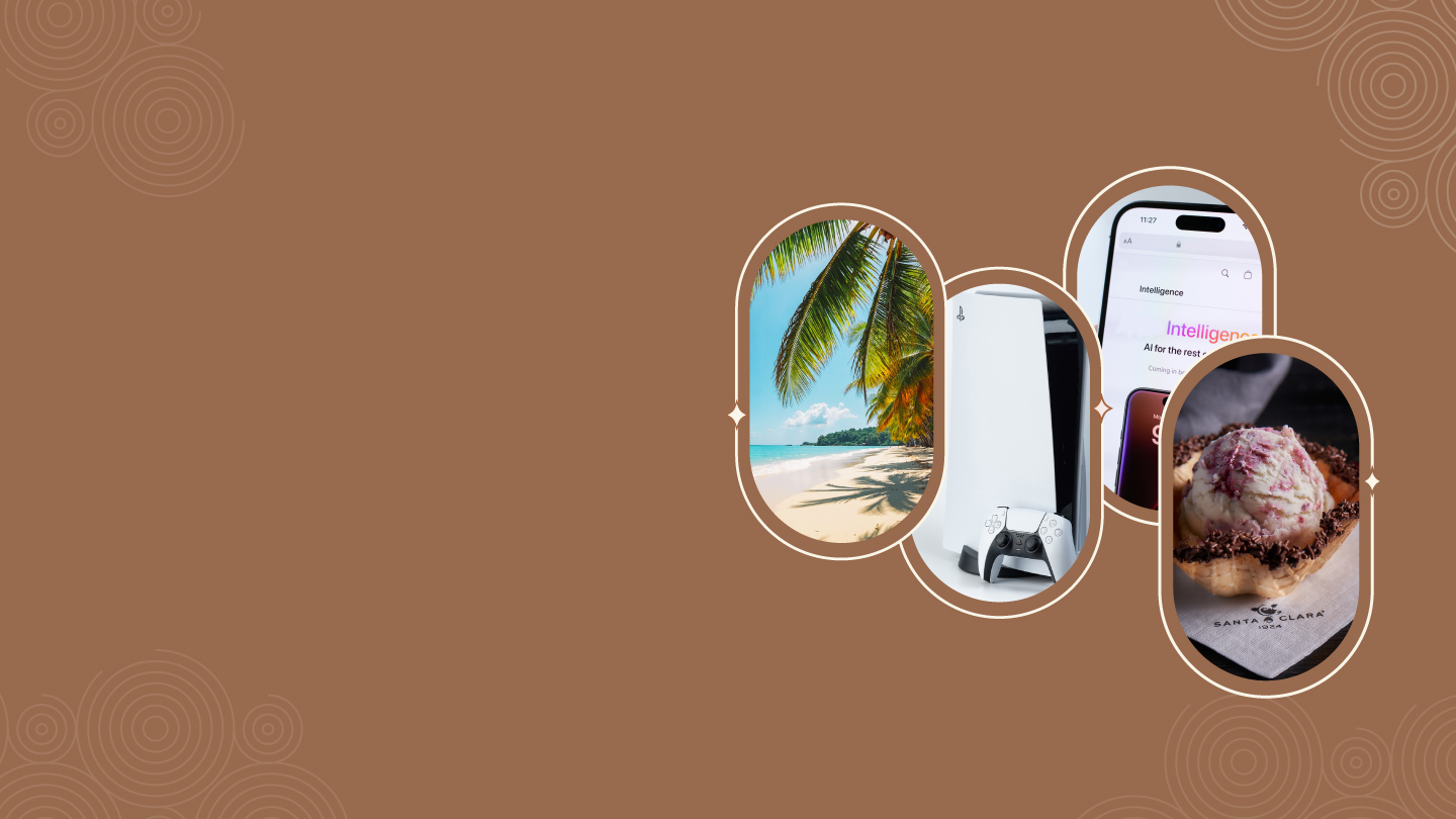Cuatro imágenes ovaladas superpuestas sobre un fondo marrón: una playa, un electrodoméstico, la pantalla de un teléfono y un postre.