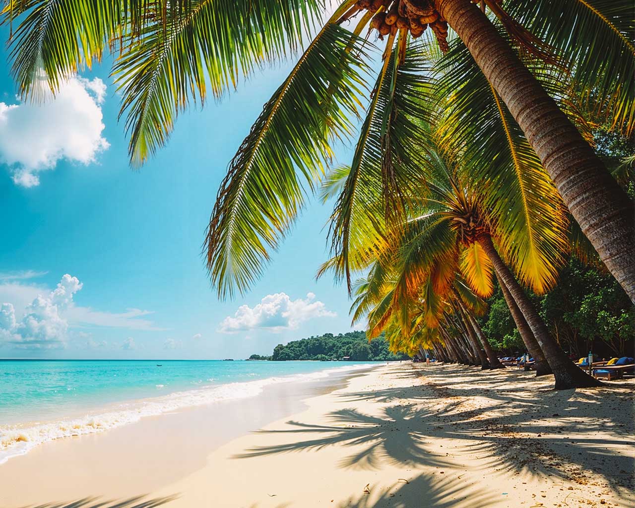 Una playa tropical con arena blanca y agua turquesa bajo un cielo azul claro con algunas nubes. Varias palmeras altas se inclinan sobre la playa, proyectando sombras largas sobre la arena. A lo lejos, se ve una franja de vegetación densa en la costa.