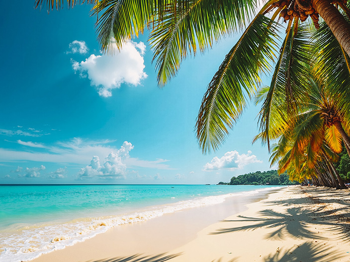 Una playa tropical con arena blanca y agua turquesa bajo un cielo azul claro con algunas nubes. Varias palmeras altas se inclinan sobre la playa, proyectando sombras largas sobre la arena. A lo lejos, se ve una franja de vegetación densa en la costa.