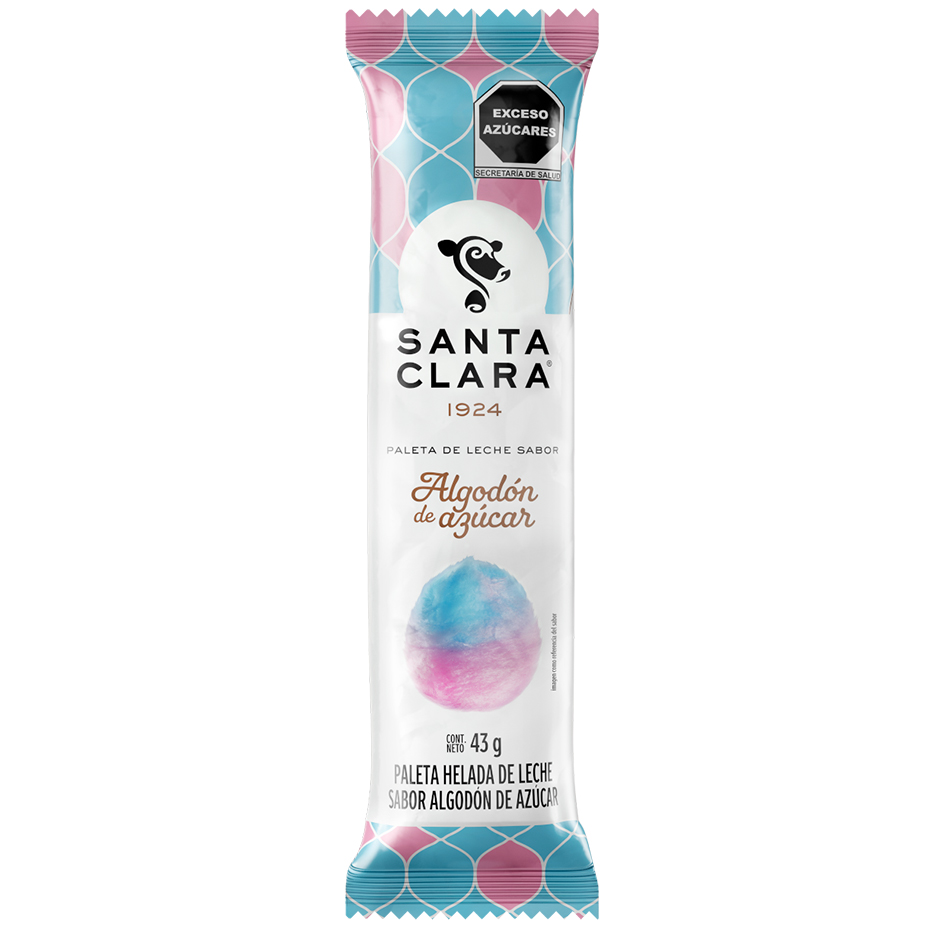Paleta de leche sabor Algodón de Azúcar Santa Clara en su empaque de colores turquesa y rosa con una imagen de algodón de azúcar