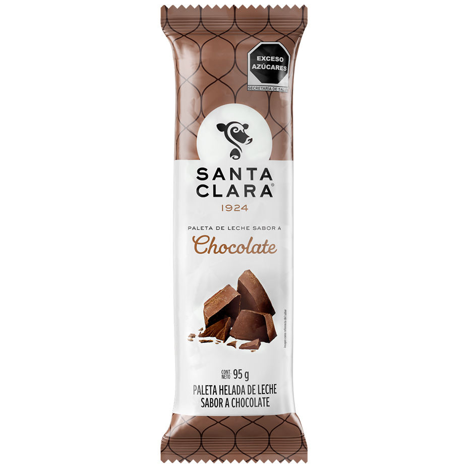 Paleta de leche Santa Clara sabor Chocolate en su empaque con imágenes de trozos de chocolate