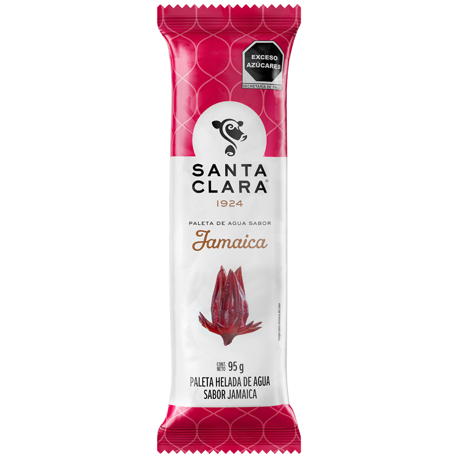 Paleta Santa Clara de agua sabor Jamaica en su empaque color rojo jamaica y con una flor de jamaica en el centro.