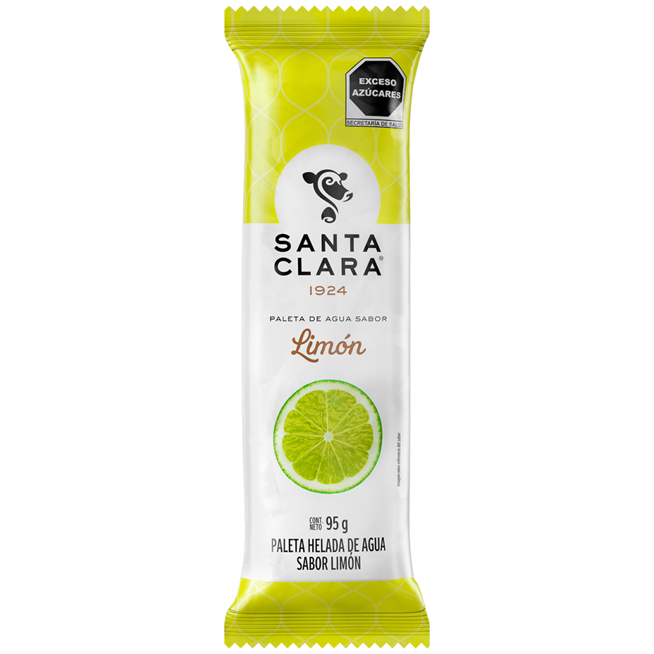 Paleta de agua sabor limón Santa Clara en su empaque color verde limón y con imagen de los gajos un limón.