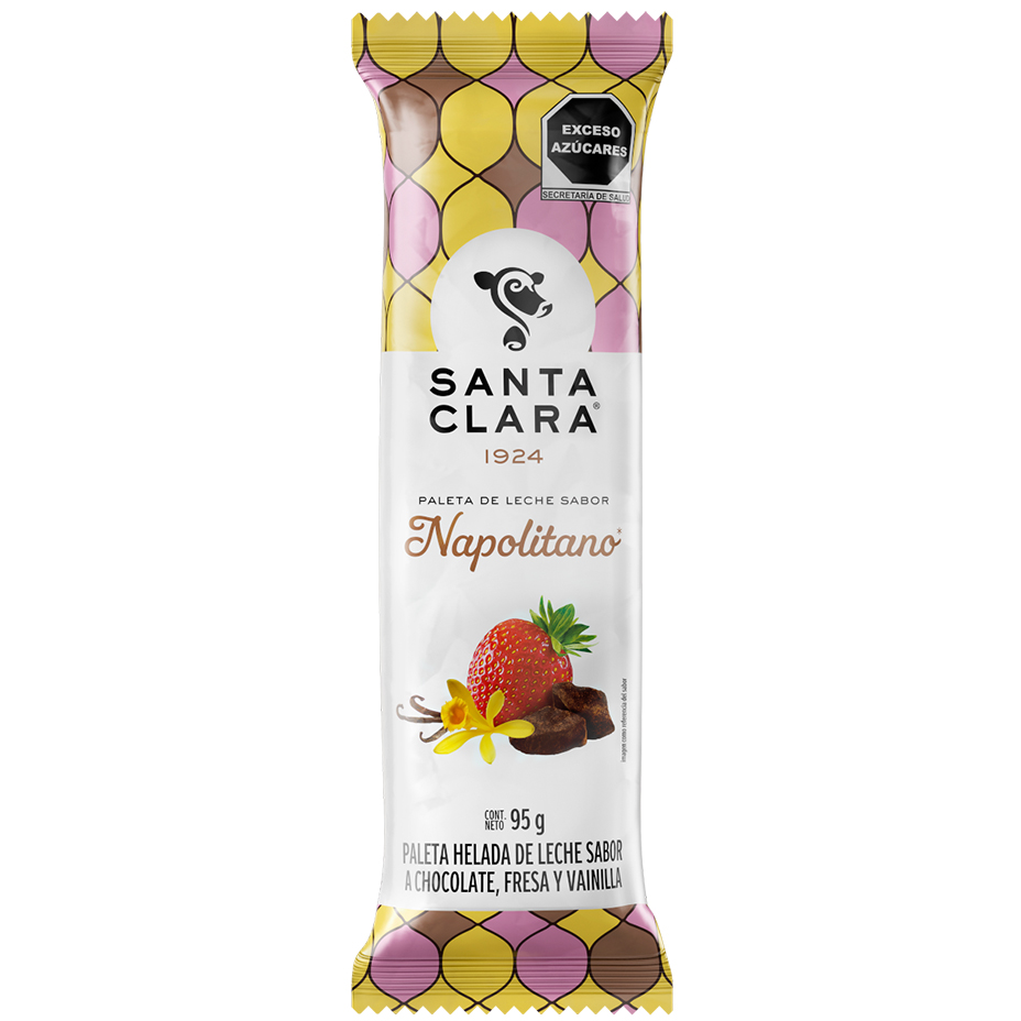 Paleta de leche Santa Clara sabor Napolitano en su empaque con imagen de una fresa, chocolate y vainilla