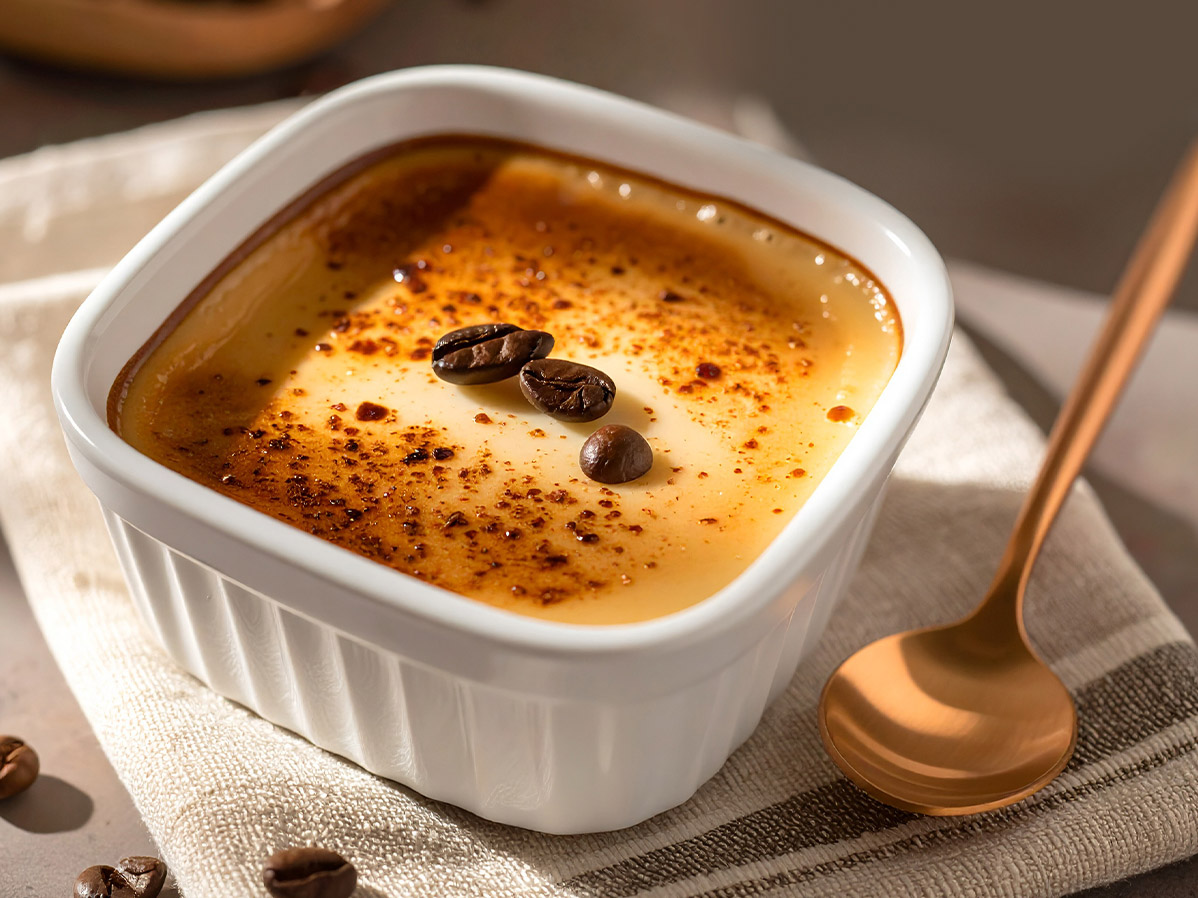  Un pudín de café cremoso y tentador en un ramekin blanco cuadrado, adornado con granos de café enteros y un espolvoreado de café molido, presentado sobre un paño de tela claro con una cuchara dorada a un lado, para la página de Santa Clara México.