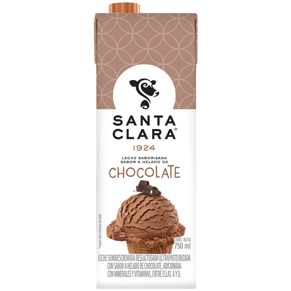 Empaque de Leche Saborizada Santa Clara de Chocolate de 750 mililitros.