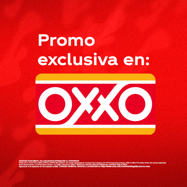 En la parte superior, en letras blancas grandes, se lee "Promo exclusiva en:". Debajo, en el centro de la imagen, se destaca el logo de OXX. En la parte inferior de la imagen, se encuentra el texto legal que detalla la información al consumidor, las marcas registradas (Coca-Cola, Coca-Cola Zero, Sprite, Flashlyte by Bodyarmor), la vigencia de la promoción y un enlace para consultar términos y condiciones.