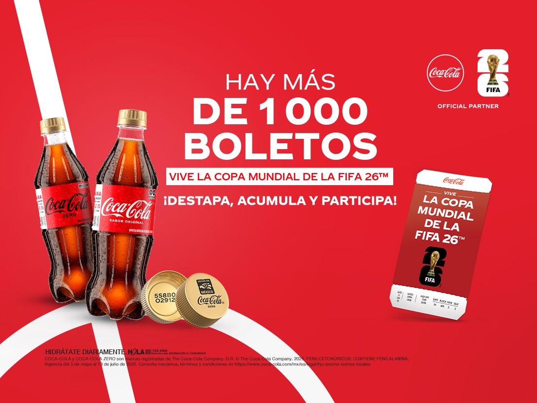 Dos botellas de Coca-Cola. Una sabor original y otra sabor ZERO junto a dos tapitas doradas y un ticket de "LA COPA MUNDIAL DE LA FIFA 26™".