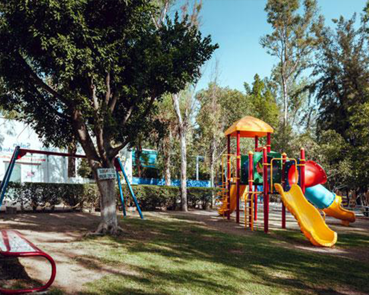 El parque está lleno de colores vibrantes, estructuras lúdicas y una variedad de actividades atractivas para los niños