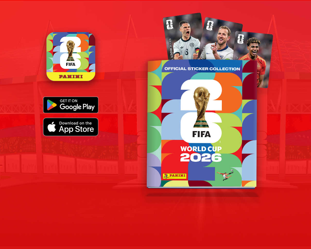 Álbum digital FIFA World Cup 2026™ junto a cartas de jugadores y logos de tiendas de aplicaciones.