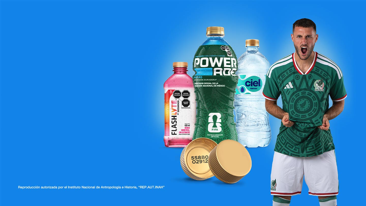 Atleta con bebidas Powerade, Flash y Ciel en fondo azul.