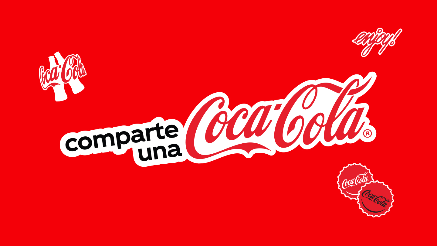 Fondo rojo con la frase "Comparte una Coca-Cola". Incluye siluetas de botellas de Coca-Cola y tapas de botella con el logo, además de la palabra 'enjoy!' en cursiva.