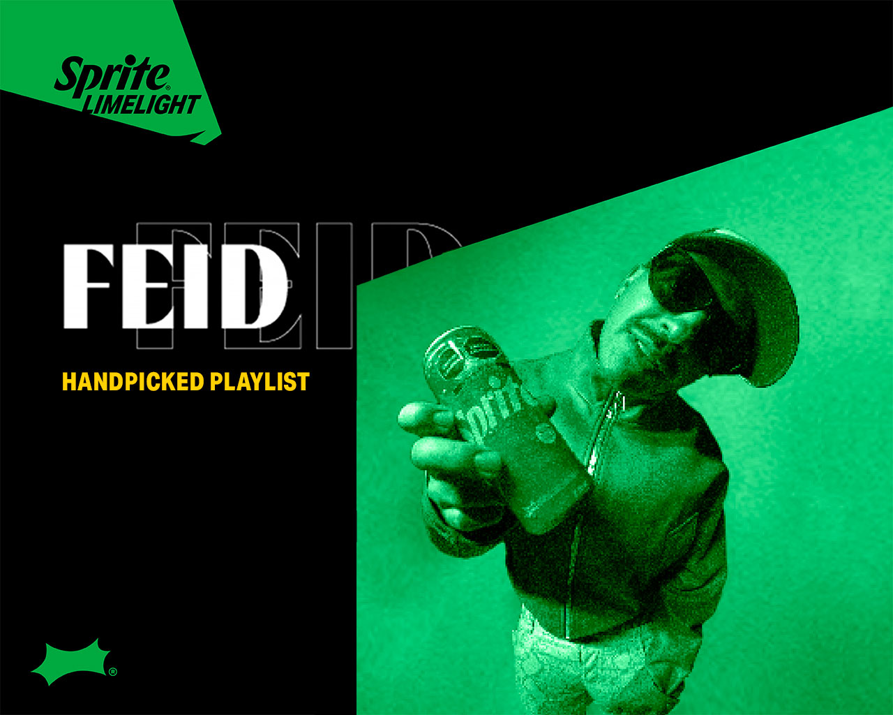 Feid, cantante música urbana y compositor colombiano, mirando a cámara con una lata de Sprite en la mano.