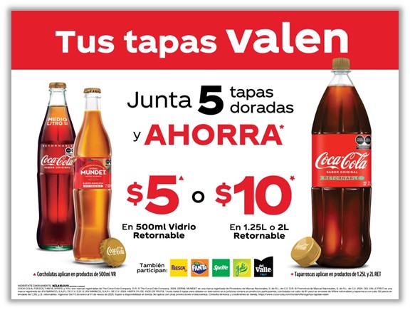 Ahorra $5 o $10 en botellas retornables de Coca-Cola juntando 5 tapas doradas. Participan Fresca, Fanta, Sprite y Del Valle.