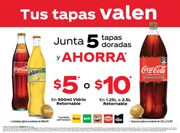 Junta 5 tapas doradas de Coca-Cola y ahorra $5 o $10 en botellas retornables. Fresca, Sprite, Fanta y Del Valle también participan.