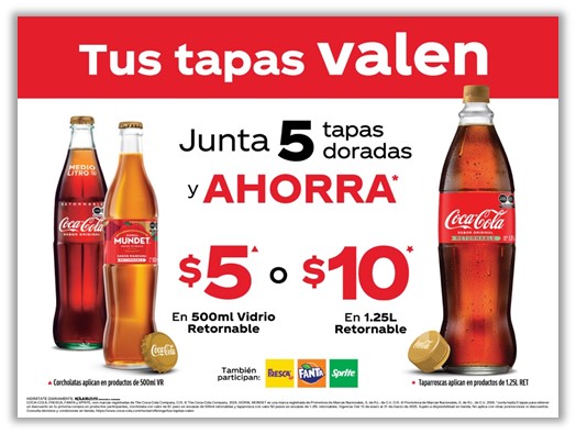 Ahorra $5 o $10 juntando 5 tapas doradas de Coca-Cola. Mundet, Fresca, Fanta y Sprite participan.