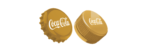 Dos tapas de botellas doradas de Coca-Cola sobre un fondo blanco. Una es una chapa metálica tradicional y la otra es una tapa de plástico.