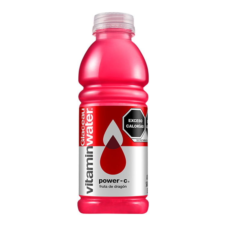 Una botella de plástico de Vitamin Water sabor fruta de dragón Power-C.