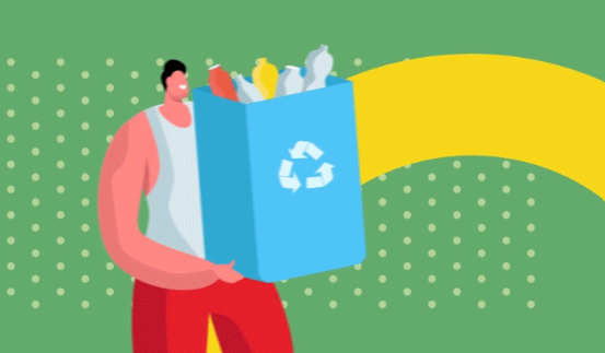 Ilustración de un hombre cargando una caja con objetos reciclables