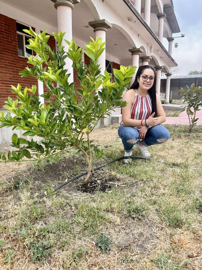 Chica agachada junto a árbol pequeño con edificio de fondo