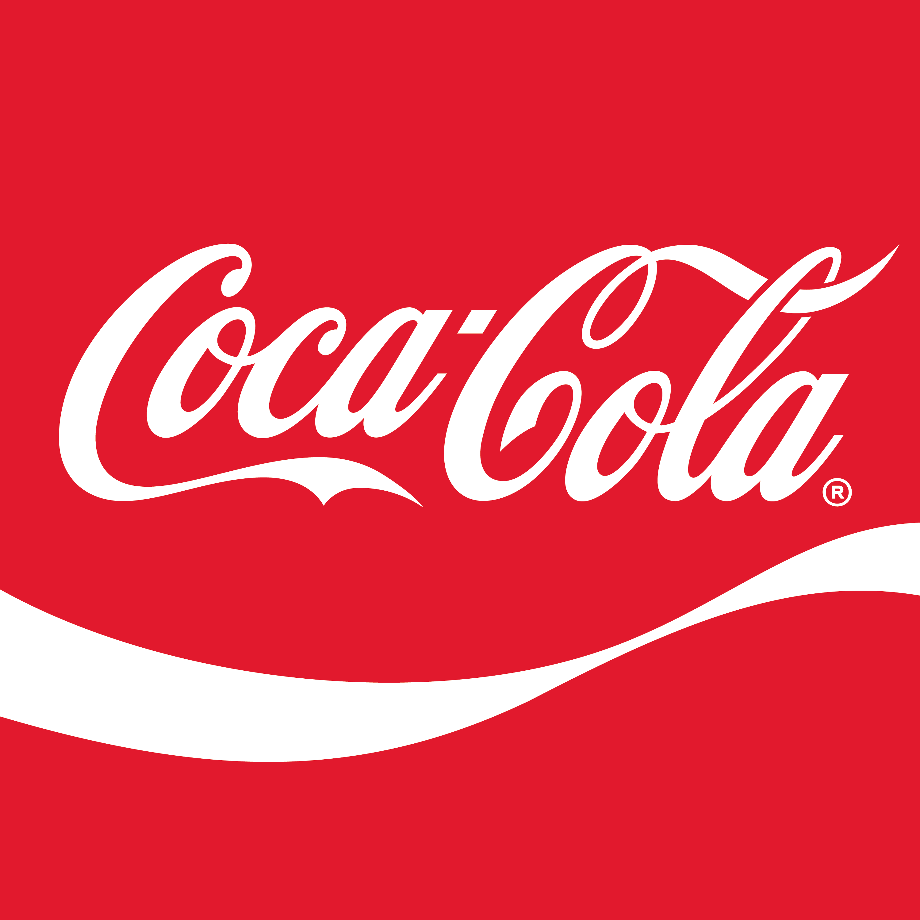 Het witte Coca-Cola-logo op een rode achtergrond met een witte golvende lijn.