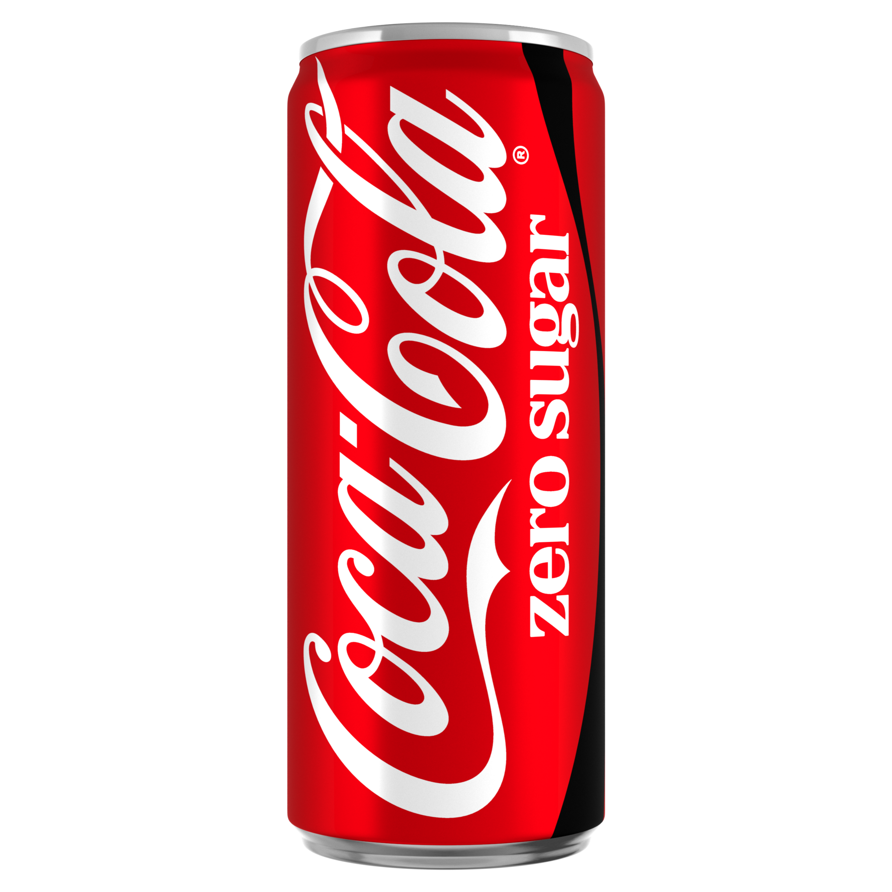 Een slank rood Coca-Cola Zero Sugar frisdrankblikje met het witte Coca-Cola-logo en de tekst “zero sugar” verticaal afgebeeld, met zwarte accenten aan de zijkant.