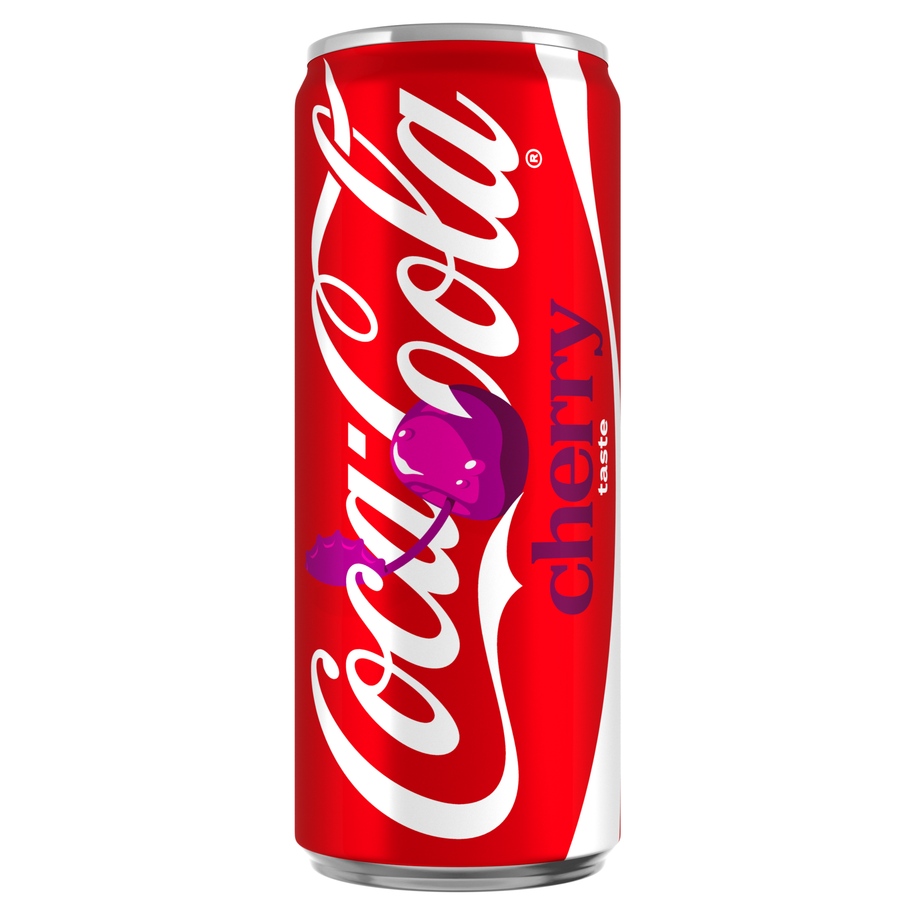 Een slank rood Coca-Cola Cherry Taste frisdrankblikje met het witte Coca-Cola-logo, paarse kersenillustratie en de tekst “cherry taste” verticaal afgebeeld.