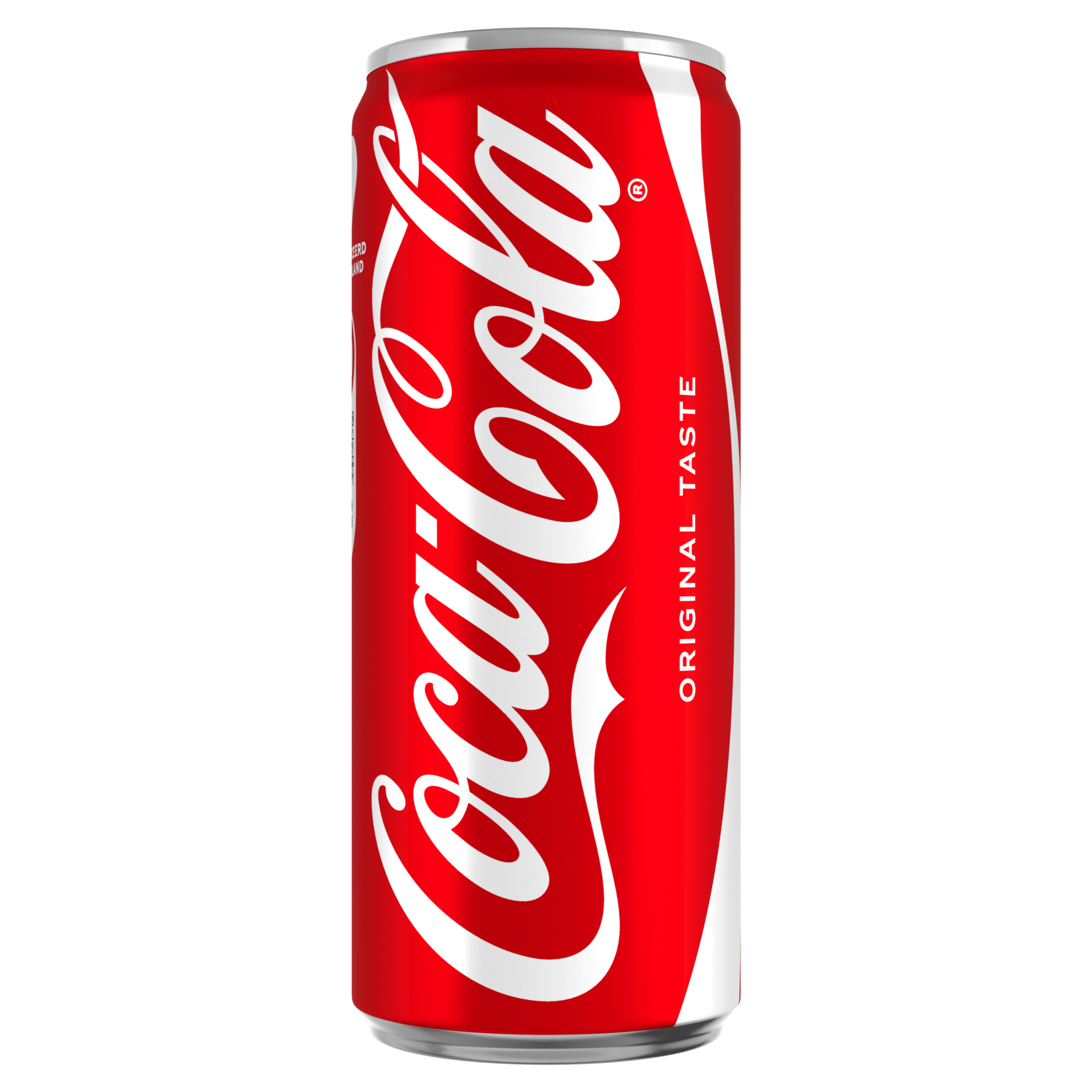 Een slanke rode Coca-Cola Original Taste frisdrankblikje met het witte Coca-Cola-logo verticaal afgebeeld.