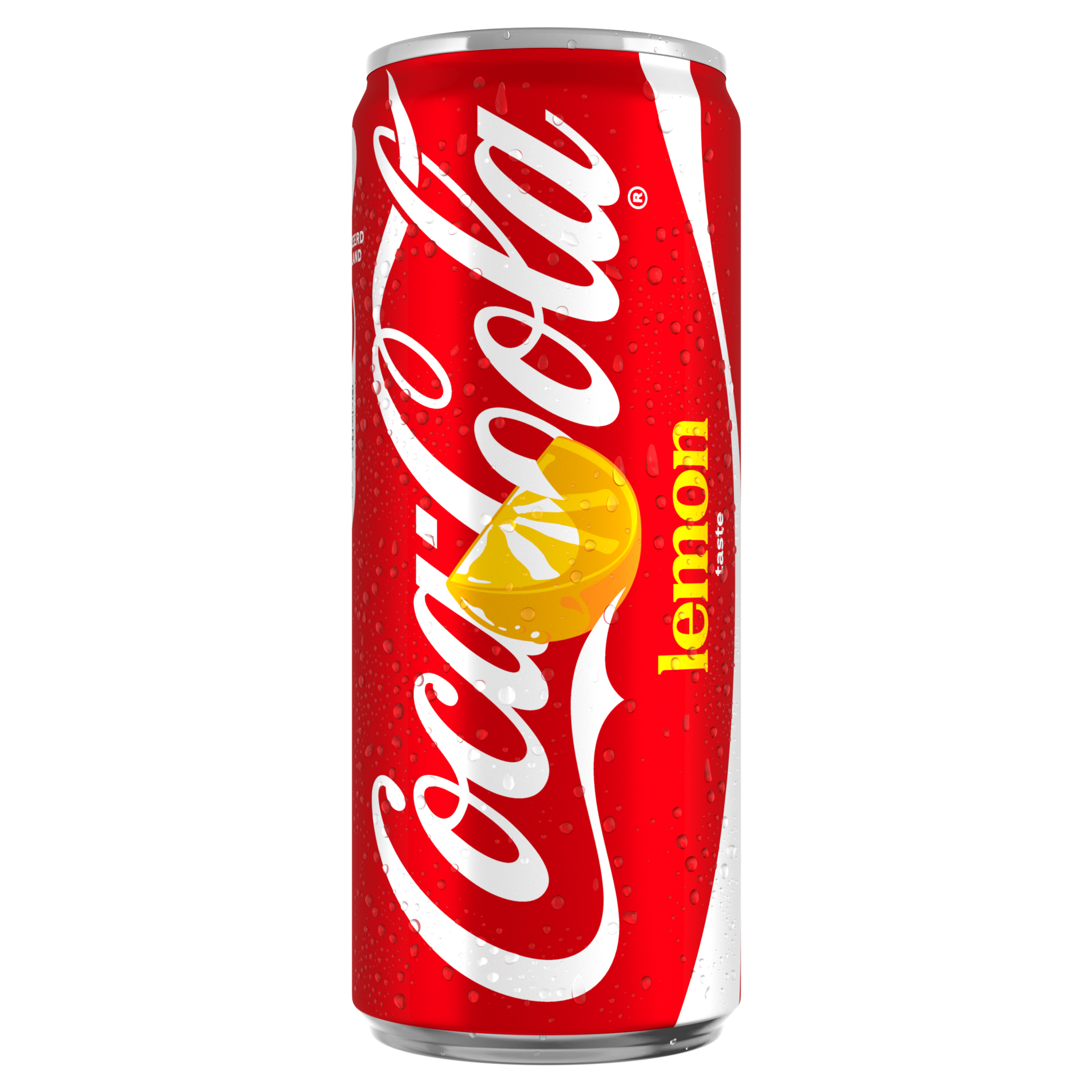 Een slank rood Coca-Cola Lemon Taste frisdrankblikje met het witte Coca-Cola-logo, citroenillustratie, waterdruppels en de tekst “lemon taste” verticaal afgebeeld.