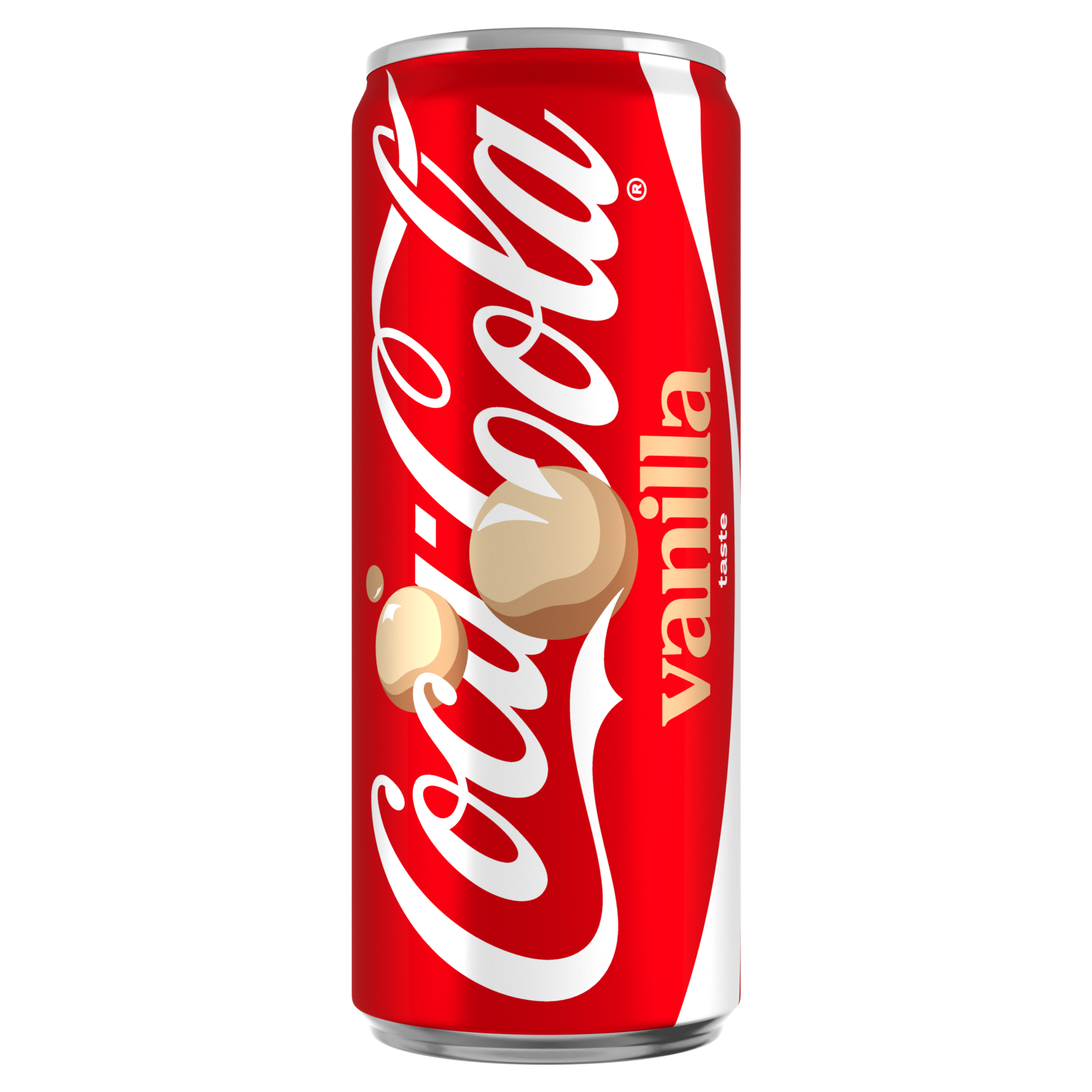 Een slank rood Coca-Cola Vanilla Taste frisdrankblikje met het witte Coca-Cola-logo, vanille-illustratie en de tekst “vanilla taste” verticaal afgebeeld.