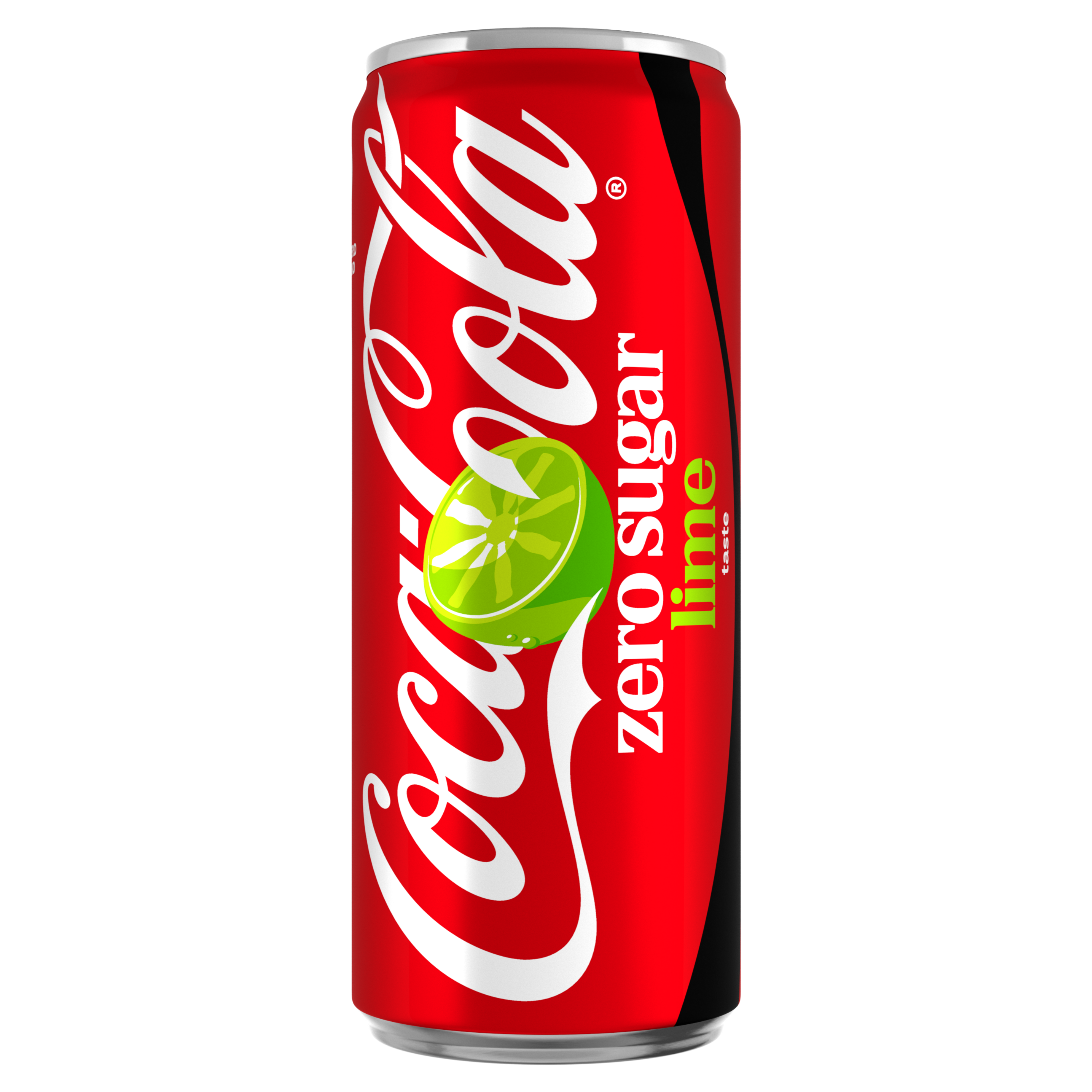 Een slank rood Coca-Cola Zero Sugar Lime frisdrankblikje met het witte Coca-Cola-logo, limoenillustratie en de teksten “zero sugar” en “lime” verticaal afgebeeld, met zwarte accenten aan de zijkant.