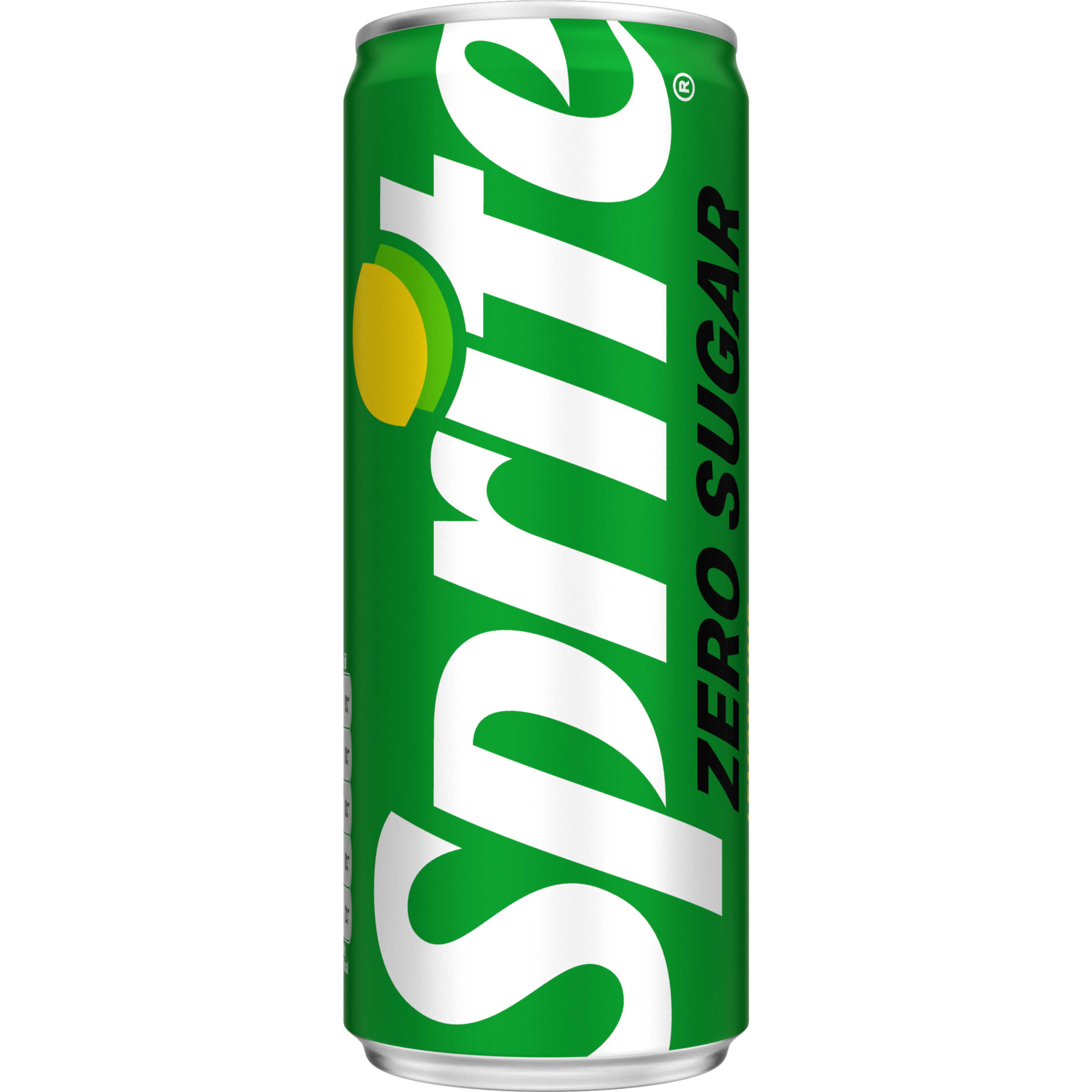 Een groen blikje Sprite Zero Sugar frisdrank met groot wit verticaal “Sprite”-logo, zwarte tekst “Zero Sugar” aan de zijkant en een gele citroenafbeelding nabij het logo.