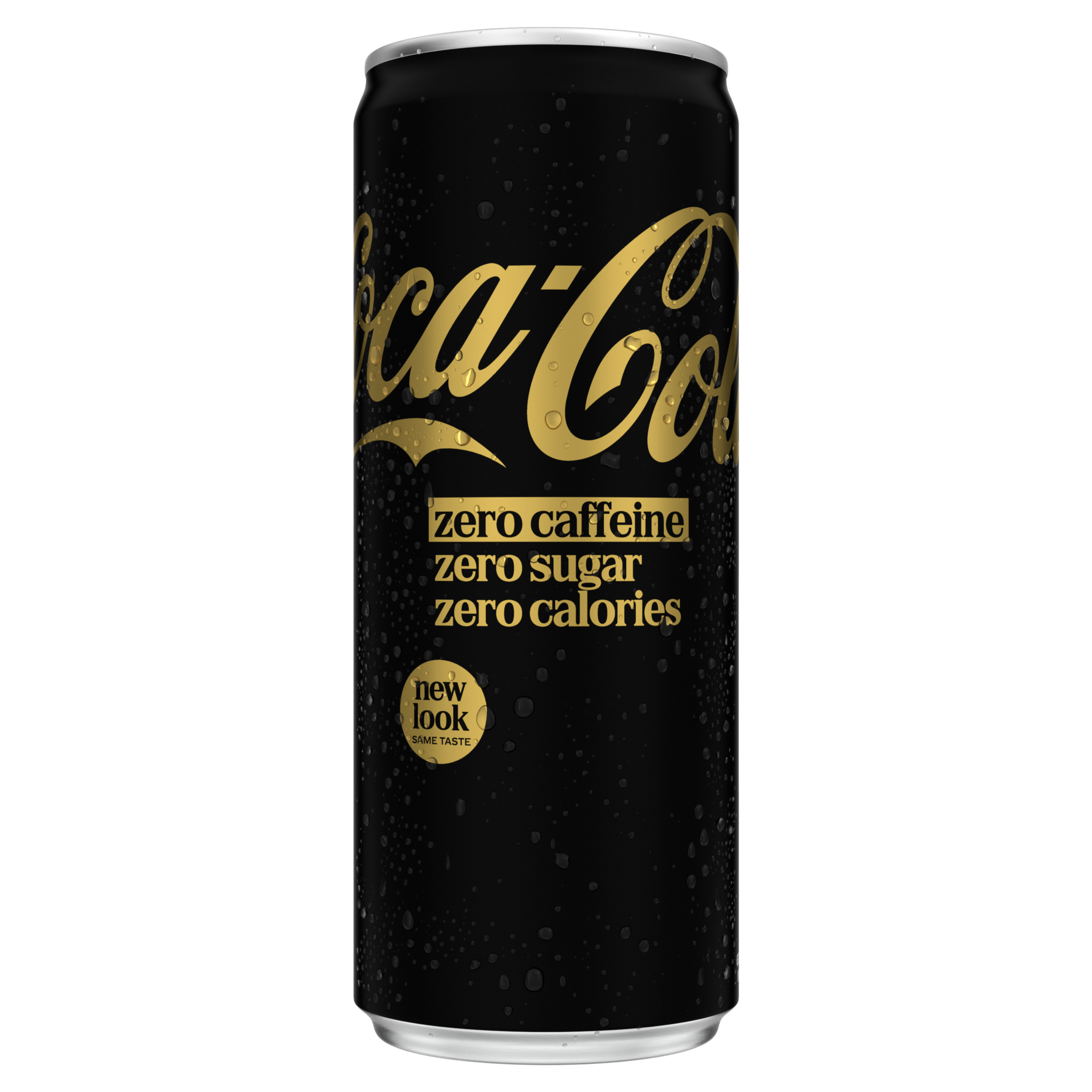 Zwarte Coca-Cola-blik met goudkleurig logo en de tekst “zero caffeine, zero sugar, zero calories” en een rond label “new look, same taste”, tegen een zwarte achtergrond.