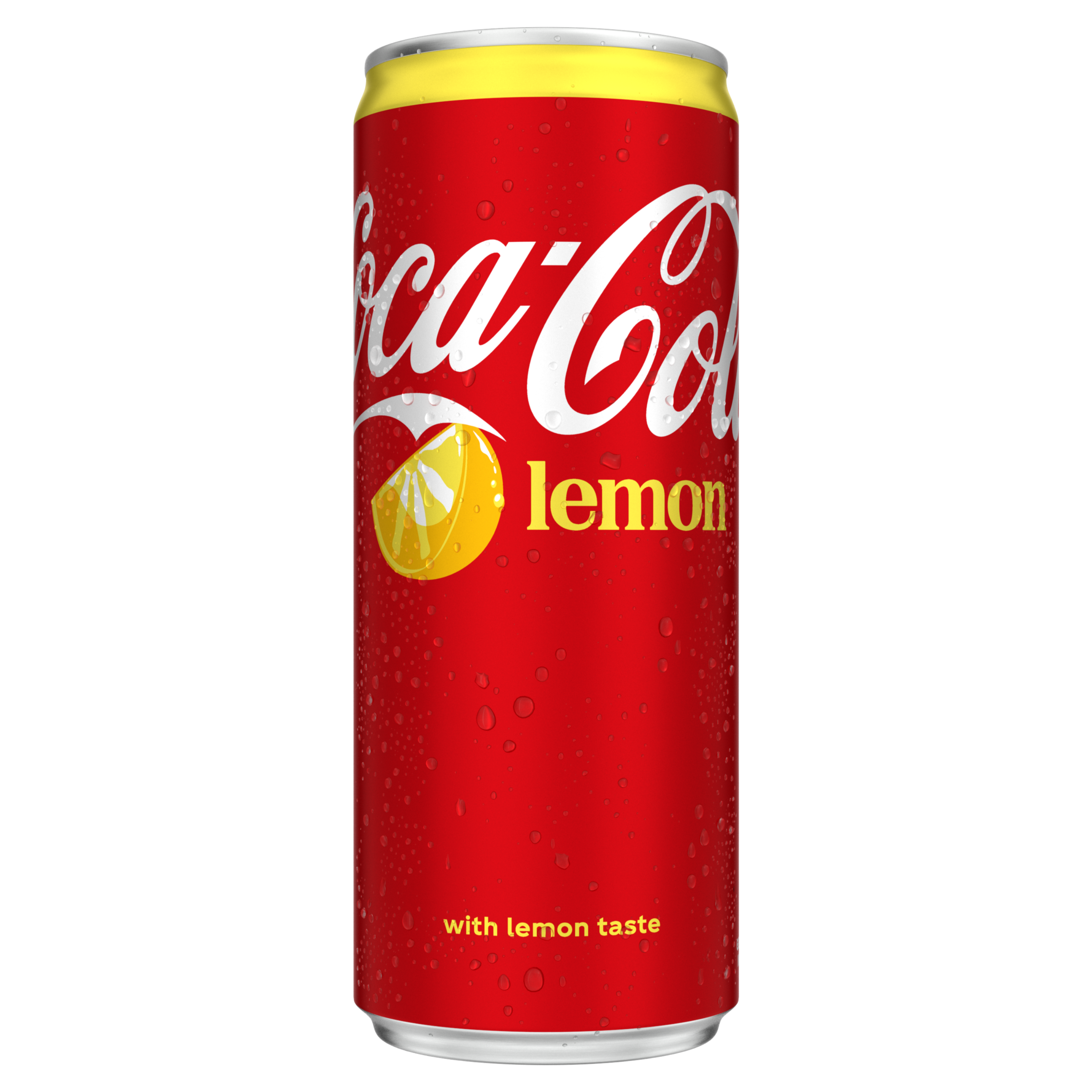 Rood blikje Coca-Cola Lemon met een gele bovenrand. Op de voorkant staat het zwarte Coca-Cola-logo, de tekst "zero sugar" in zwarte letters en "lemon" in gele letters. Daarnaast staat een afbeelding van een gele citroenpart. Onderaan staat in kleine gele letters "with lemon taste".