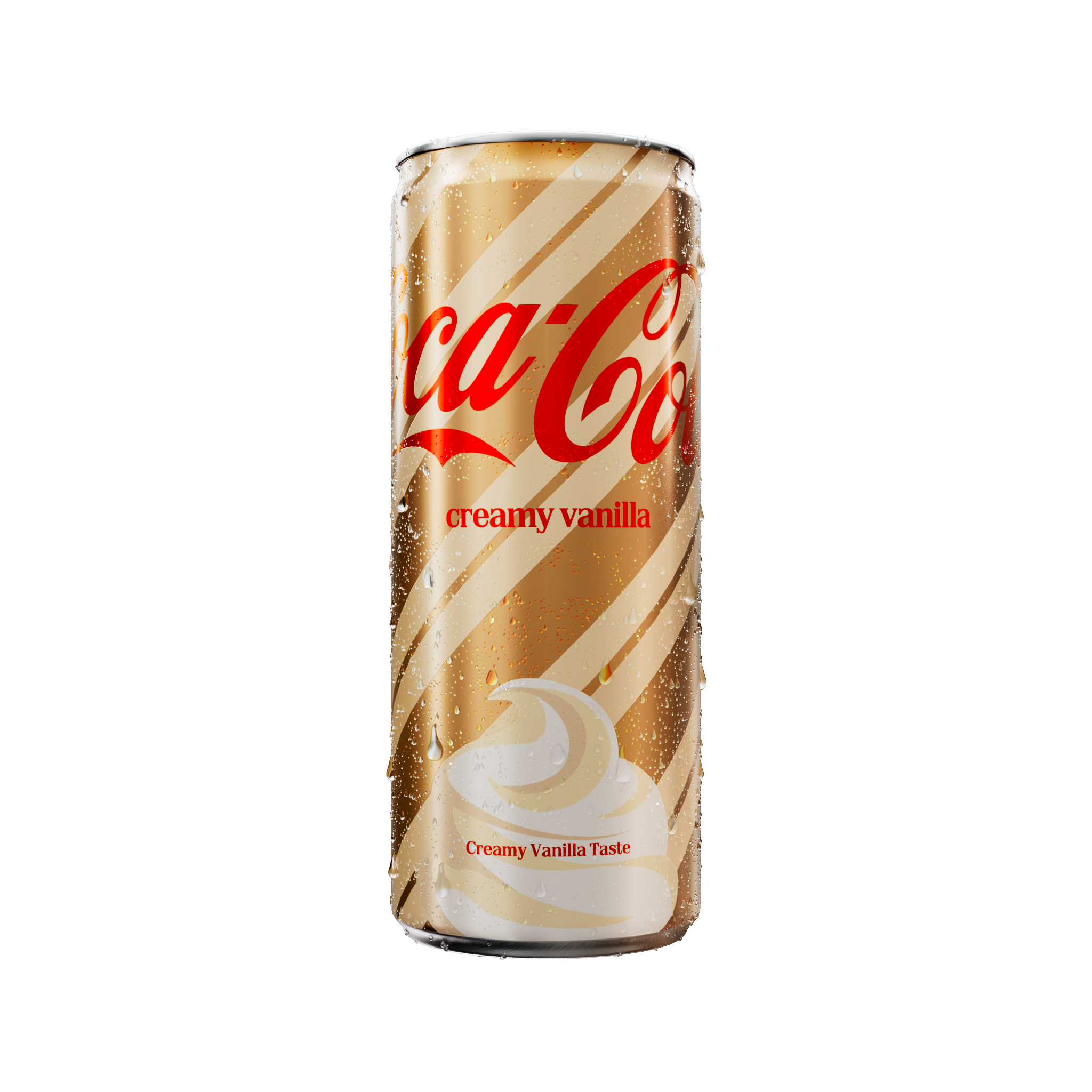 Blikje Coca-Cola Creamy Vanilla met goudkleurig design en rode Coca-Cola letters. Het blikje is bedekt met condensdruppels en toont onderaan een witte vanilleswirl met de tekst “Creamy Vanilla Taste”.