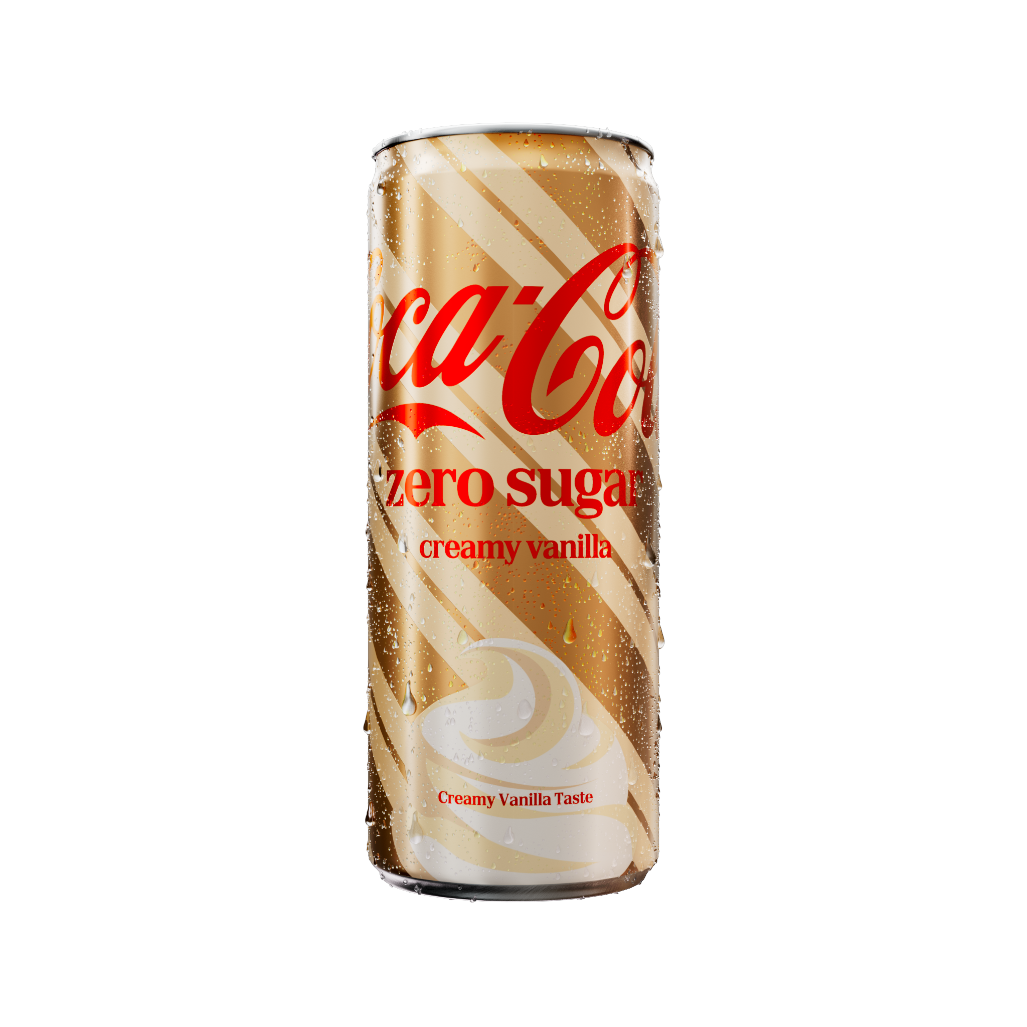 Blikje Coca-Cola Zero Sugar Creamy Vanilla met goudkleurig design en rode Coca-Cola branding. Op het blikje staan de teksten “zero sugar” en “creamy vanilla”. Het blikje is bedekt met condensdruppels en toont onderaan een witte vanilleswirl met de tekst “Creamy Vanilla Taste”.