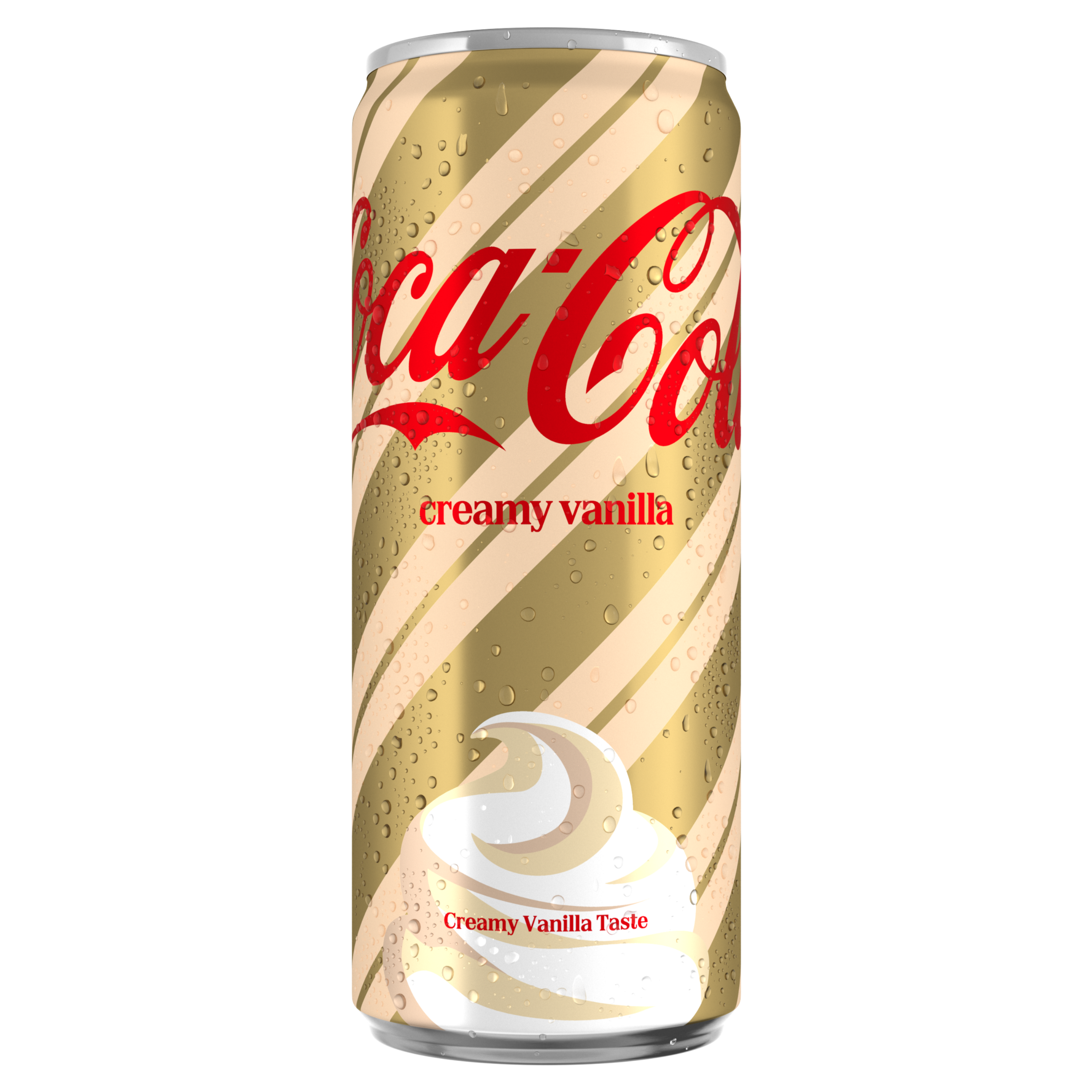 Blikje Coca-Cola Creamy Vanilla met goudkleurig design en rode Coca-Cola letters. Het blikje is bedekt met condensdruppels en toont onderaan een witte vanilleswirl met de tekst “Creamy Vanilla Taste”.