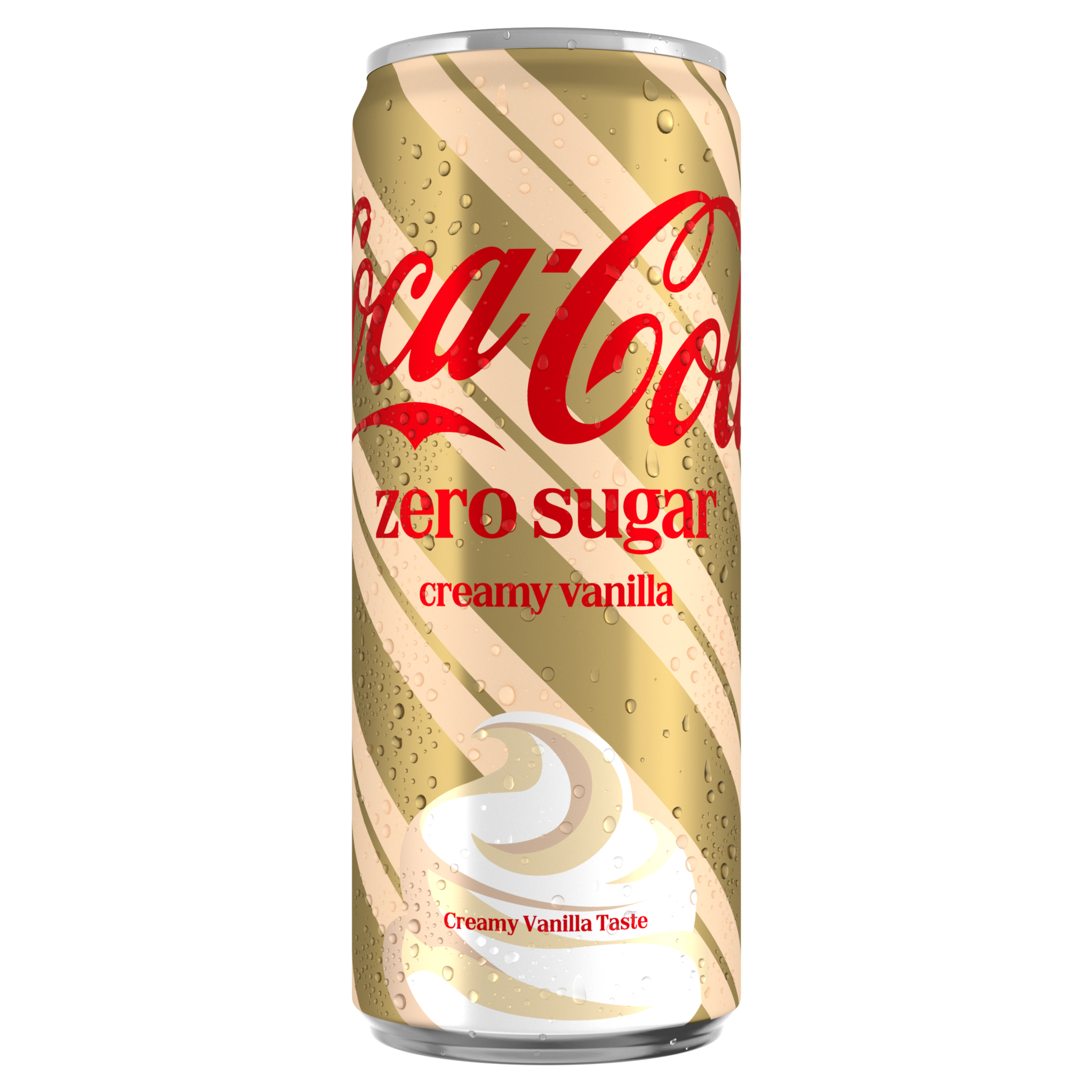Blikje Coca-Cola Zero Sugar Creamy Vanilla met goudkleurig design en rode Coca-Cola branding. Op het blikje staan de teksten “zero sugar” en “creamy vanilla”. Het blikje is bedekt met condensdruppels en toont onderaan een witte vanilleswirl met de tekst “Creamy Vanilla Taste”.