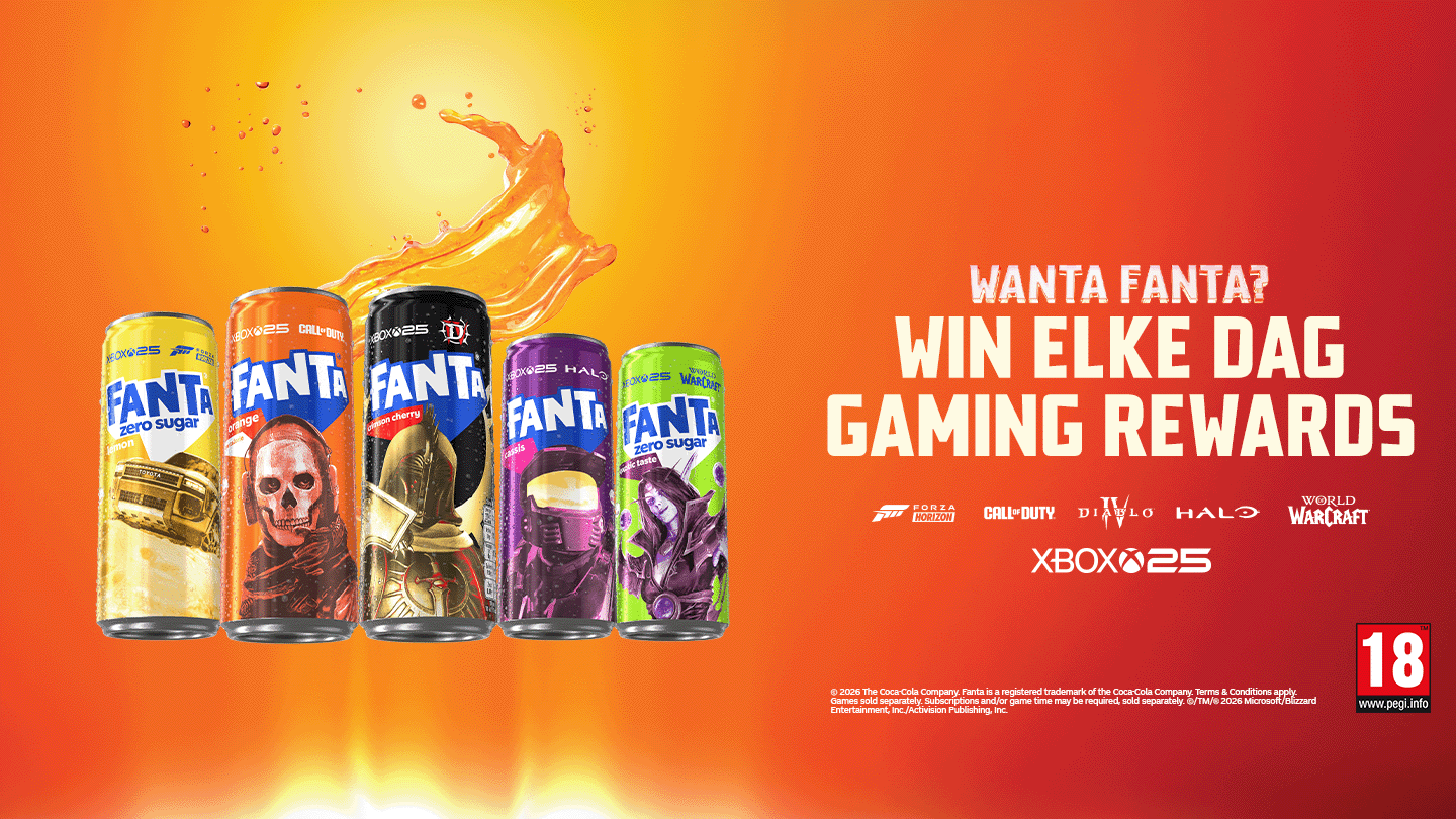 Promotionele afbeelding van Fanta met vijf Fanta-blikjes in verschillende smaken en kleuren op een oranje achtergrond met een splash van frisdrank. Rechts staat de tekst: “Wanta Fanta? Win elke dag gaming rewards”, met logo’s van games zoals Forza Horizon, Call of Duty, Diablo, Halo en World of Warcraft, en “Xbox 25”. Rechtsonder staat een PEGI 18-leeftijdsicoon.