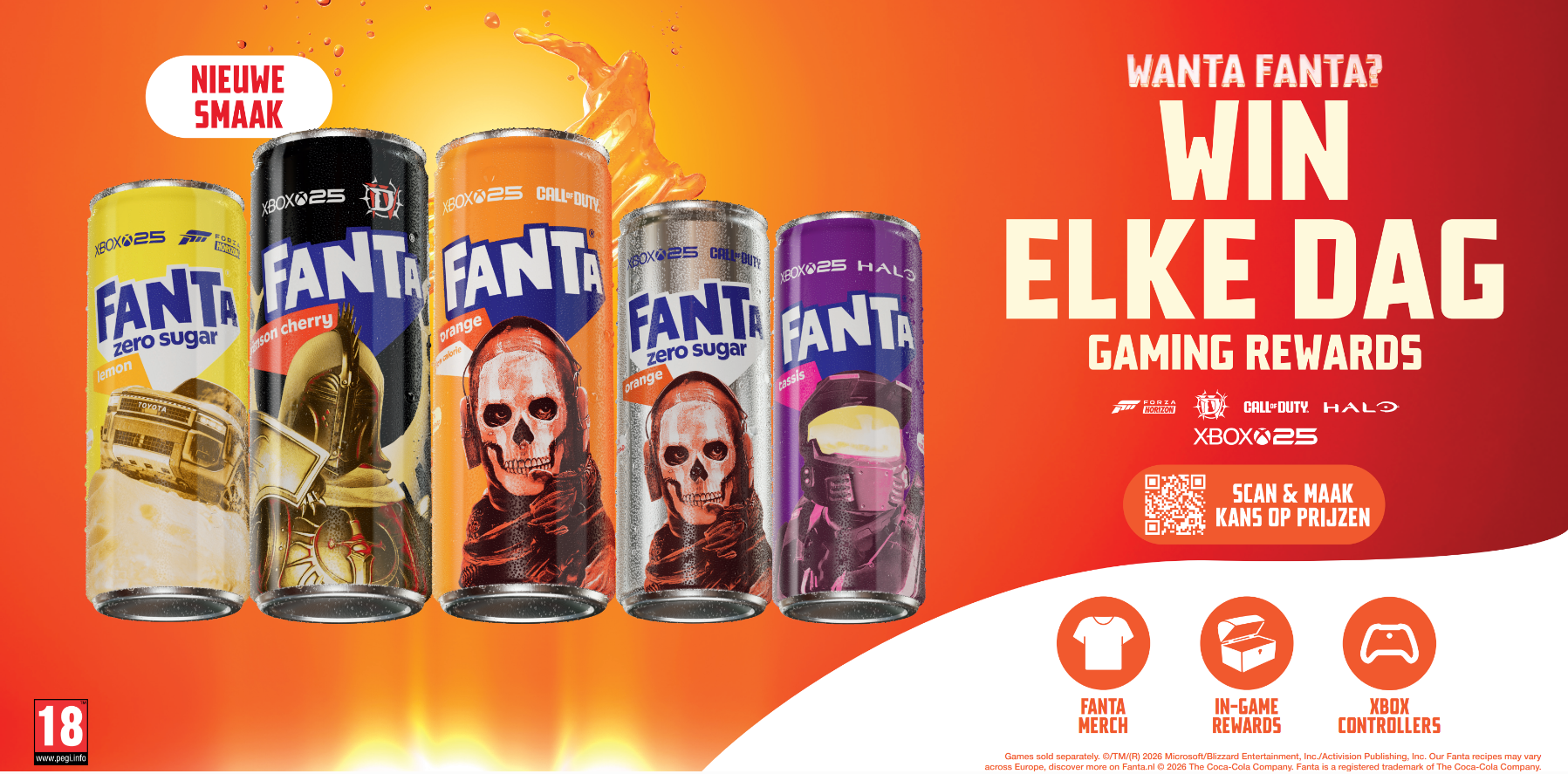 Fanta‑blikjes in verschillende smaken tegen een oranje achtergrond, met de tekst “Win elke dag gaming rewards”, Xbox‑branding, een QR‑code om mee te spelen en iconen voor Fanta‑merch, in‑game beloningen en Xbox‑controllers.
