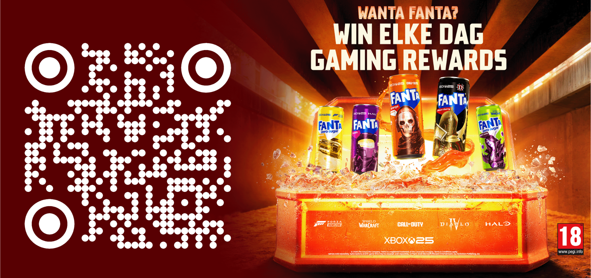 Fanta-blikjes met gamingdesigns en de tekst “Win elke dag gaming rewards” op een oranje achtergrond. 