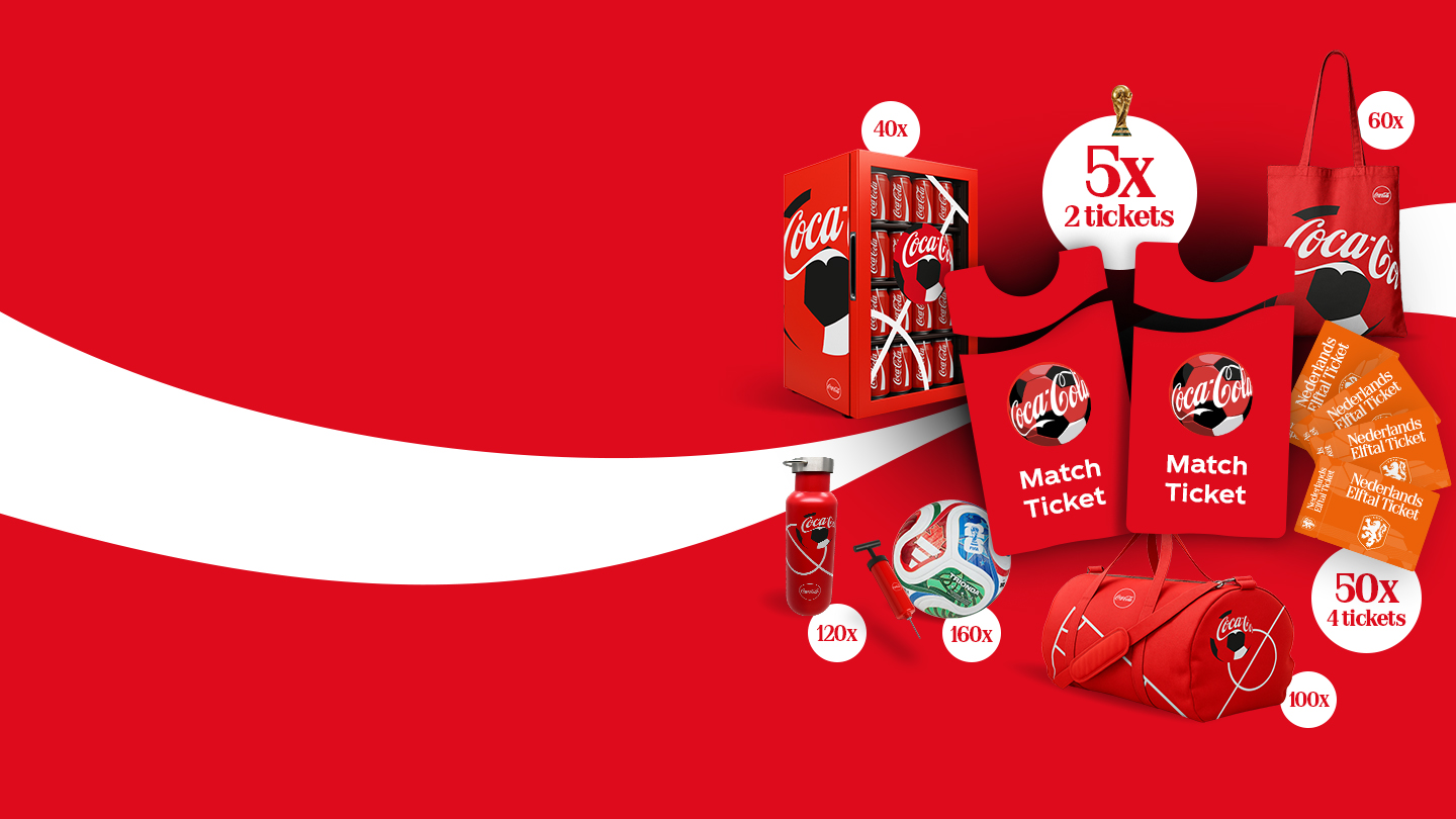 Promotionele Coca‑Cola‑afbeelding op een rode achtergrond met prijzen zoals een minikoelkast met blikjes, sporttas, shopper, drinkfles, voetbal en fietspomp, plus wedstrijdtickets en Nederlands elftal‑tickets, met aantallen per prijs vermeld.