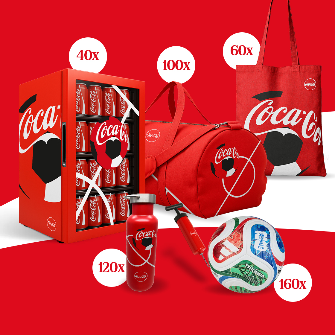 Promotionele Coca‑Cola‑afbeelding op een rode achtergrond met prijzen zoals een minikoelkast met blikjes, een sporttas, een draagtas, een drinkfles, een fietspomp en een voetbal, met per item het aantal beschikbare prijzen vermeld.