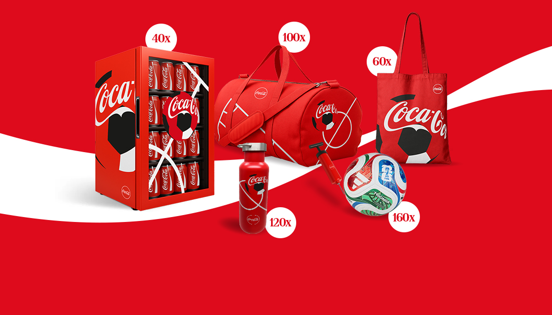 Promotionele Coca‑Cola‑afbeelding op een rode achtergrond met prijzen: een minikoelkast met blikjes, een rode sporttas, een draagtas, een herbruikbare drinkfles, een fietspomp en een voetbal, met per product het aantal beschikbare prijzen aangegeven.