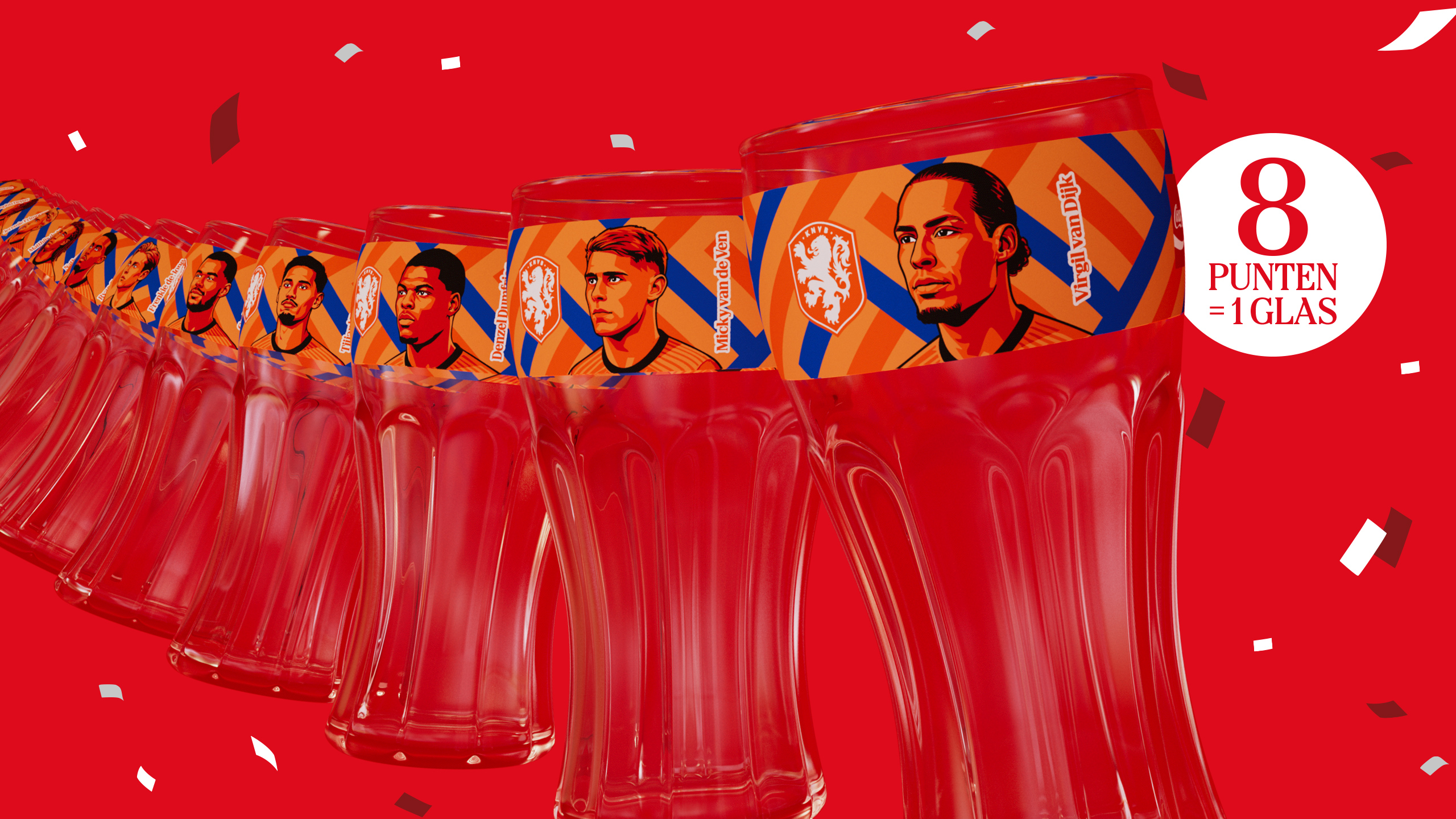 Rode promotieafbeelding met een rij glazen met een oranje‑blauw design. Achter de glazen staan meerdere voetballers in oranje shirts met de armen over elkaar. Confetti zweeft in de lucht. In een witte cirkel staat de tekst: “8 punten = 1 glas”.