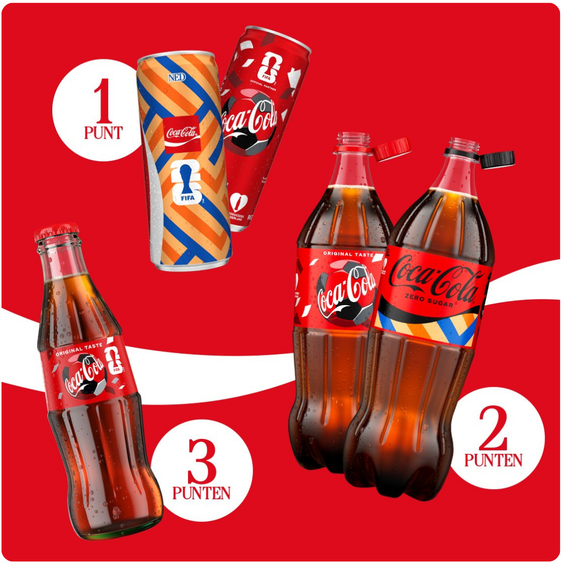 Rode promotieafbeelding van Coca‑Cola met verschillende verpakkingen: twee blikjes bovenin, een glazen fles links en twee PET‑flessen rechts (Original Taste en Zero Sugar). In witte cirkels staat hoeveel punten je krijgt: 1 punt voor een blikje, 3 punten voor een glazen fles en 2 punten voor een PET‑fles.