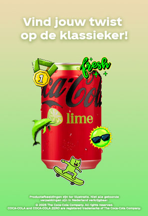Je ziet een blikje Coca-Cola Lime tegen een groen-beige achtergrond. Rondom het blikje staan speelse illustraties, zoals een munt met het nummer 1, het woord “fresh” in groene letters, een partje limoen, een zon met een zonnebril en een gele teckel die op een skateboard rijdt. Bovenaan staat de tekst: "Vind jouw twist op de klassieker!" in witte letters.