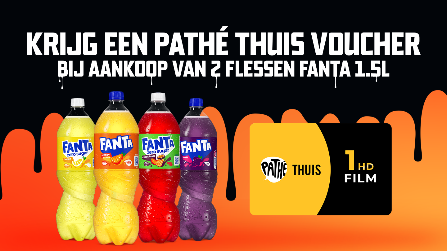 Promobanner van Fanta met verschillende Fanta 1,5L flessen en de tekst: “Krijg een Pathé Thuis voucher bij aankoop van 2 flessen Fanta 1,5L.” Onderaan staat een Pathé Thuis HD-filmvoucher afgebeeld.